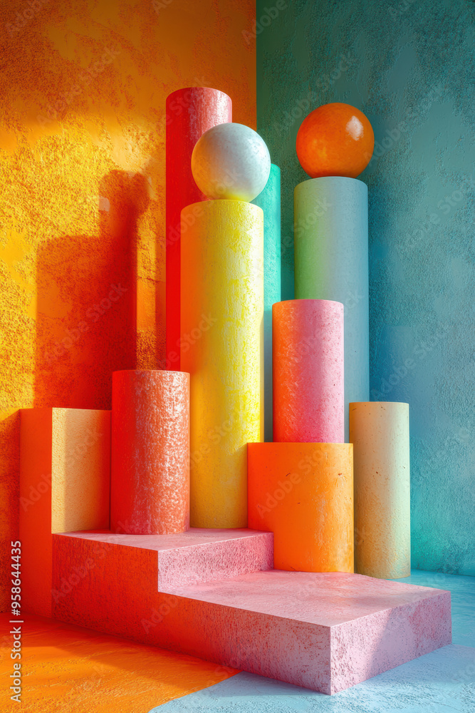 Poster colorful abstract geometric composition with various shapes and textures in a vibrant setting, empha