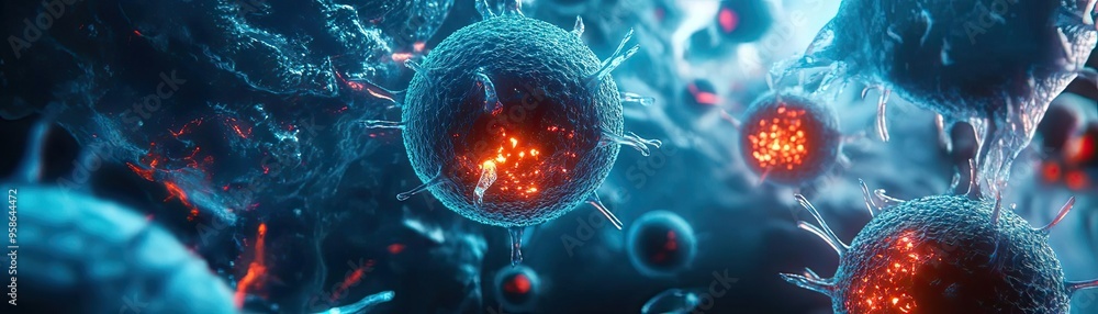 Poster a vivid depiction of microscopic cells in vibrant colors, showcasing the intricate details of cellul