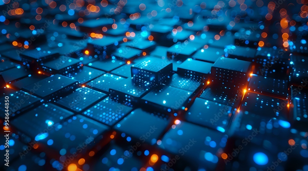 Poster a futuristic abstract digital background featuring glowing blue cubes and data particles. perfect fo