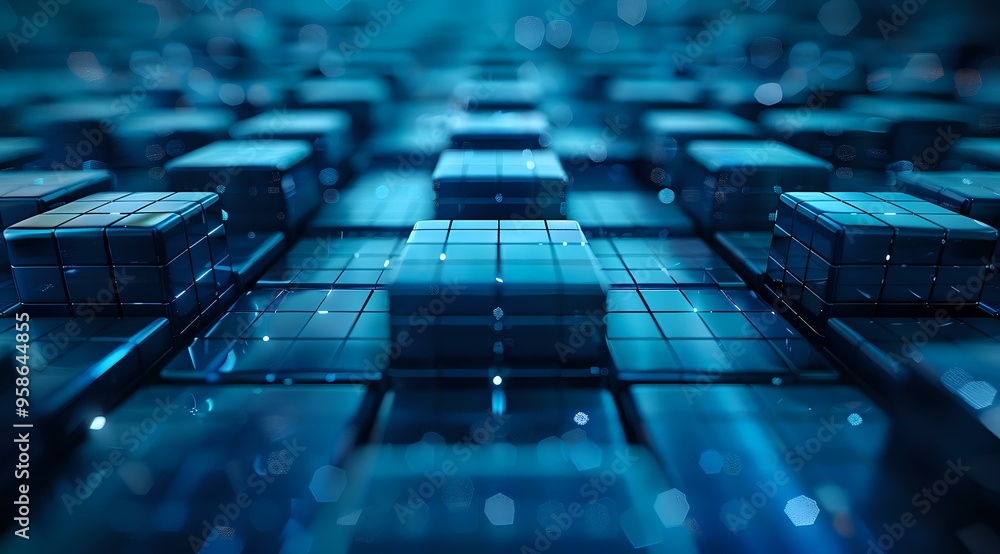 Poster a futuristic abstract digital background featuring glowing blue cubes and data particles. perfect fo