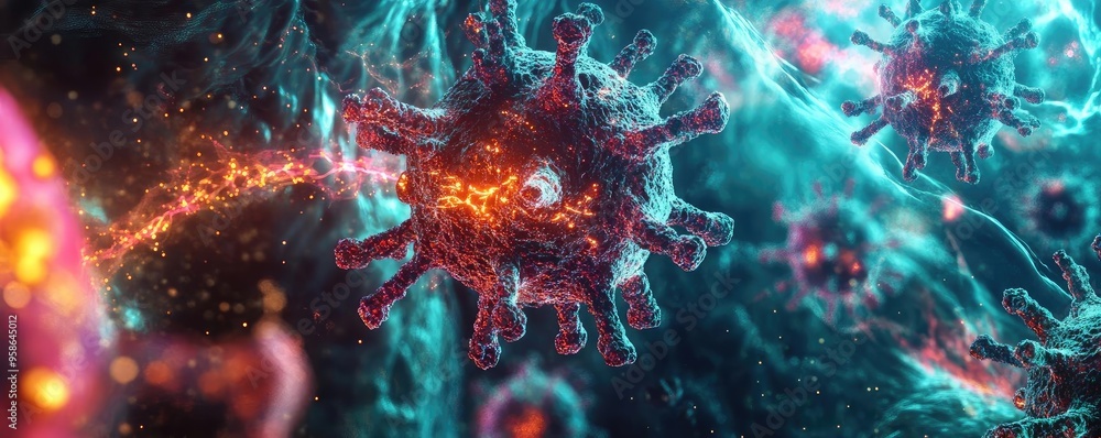 Poster close-up view of a virus with intricate details, showcasing vibrant colors and structures in a scien