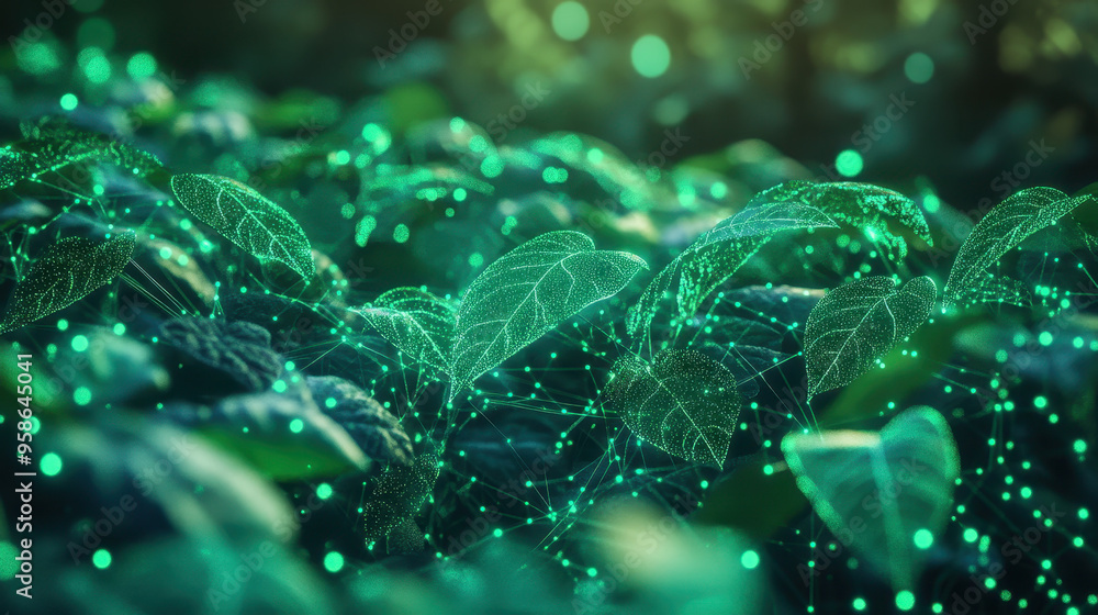 Poster lush green leaves intertwined with glowing digital network creating a futuristic representation of n