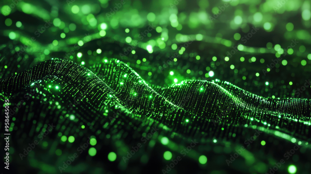 Poster abstract green digital landscape with glowing lights and particles creating a wave-like pattern in a
