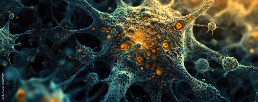 Poster close-up of intricate cellular structures showcasing biological forms and vibrant colors, illustrati