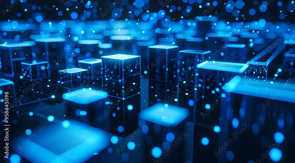 Poster a futuristic abstract digital background featuring glowing blue cubes and data particles. perfect fo