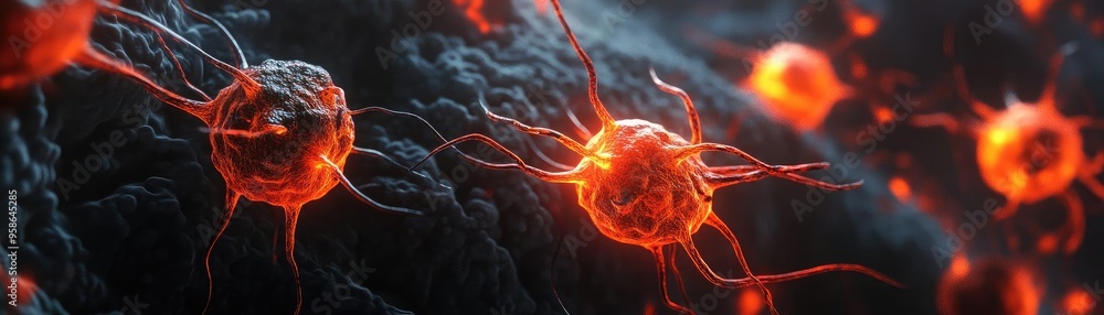 Poster close-up of glowing microorganisms showcasing intricate structures and vibrant colors, ideal for sci