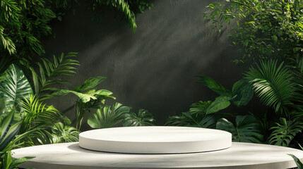 A sleek white podium set against a 3D abstract minimal background.