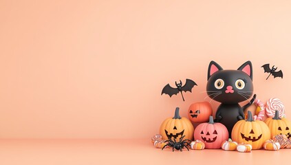 Whimsical Halloween scene with a cute black cat, colorful pumpkins, and Halloween decorations against a pastel backdrop.