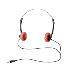 Headphones from portable 80's, 90's style retro cassette player in orange color with no people. Wired and plugged watercolor illustration isolated on white in realistic style