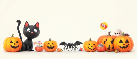 A festive Halloween scene featuring playful pumpkins, a black cat, spider, and cute decorations, perfect for Halloween themes.