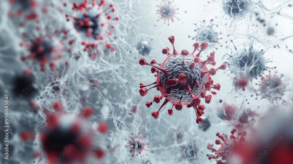 Poster a detailed close-up of microscopic viruses, illustrating their complex structure and color variation
