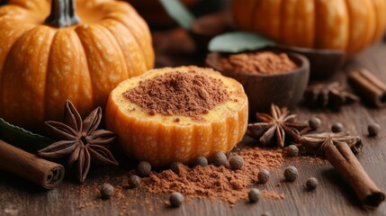 Fototapeta premium A halved pumpkin filled with ground cinnamon and surrounded by star anise and spices on a rustic table.