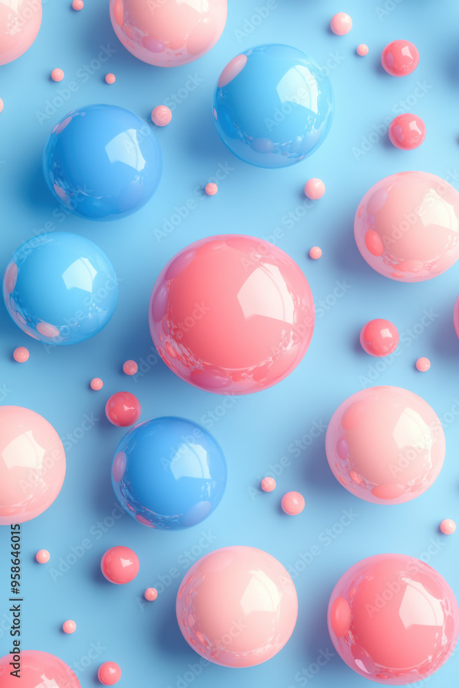 Aufkleber colorful glossy spheres of various sizes float on a pastel blue background, creating a playful and c
