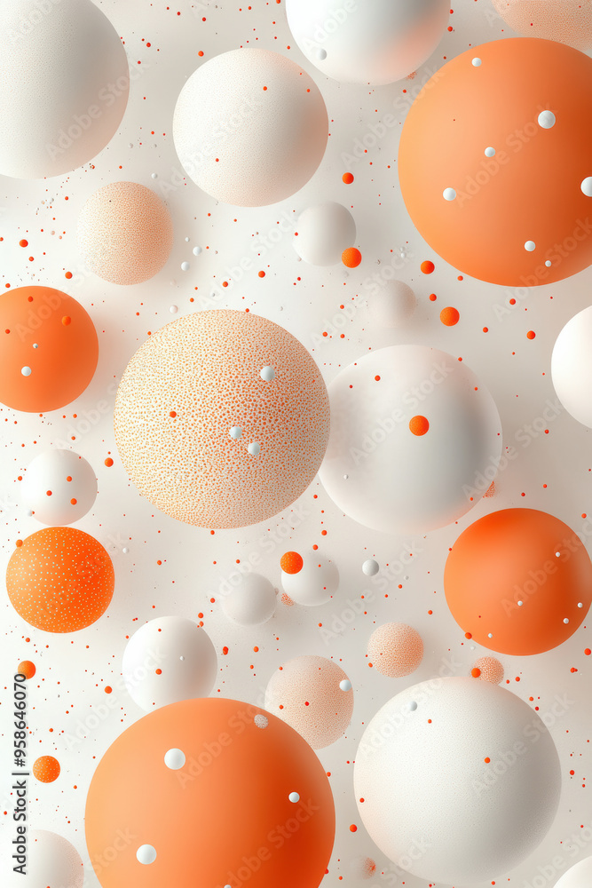 Poster abstract image of floating orange and white spheres with small particles on a light background, crea
