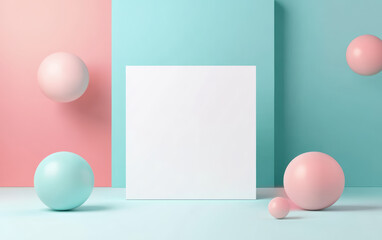 Minimalist mockup with pastel-colored sphere and blank white square. Modern abstract design for creative projects or branding presentations.