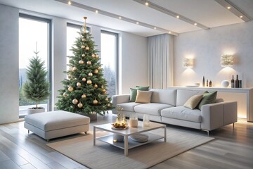 Fototapeta premium Modern white living room with christmas tree