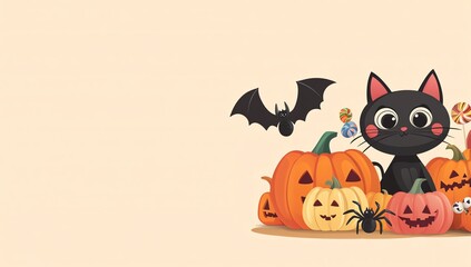 A cute black cat with Halloween decorations, including pumpkins, a bat, and a spider, perfect for festive autumn designs.