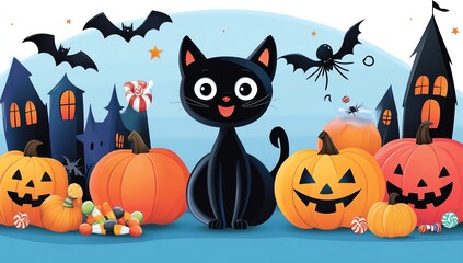 Fototapeta premium Cheerful black cat surrounded by pumpkins, bats, and haunted houses in a festive Halloween scene. Perfect for seasonal designs.