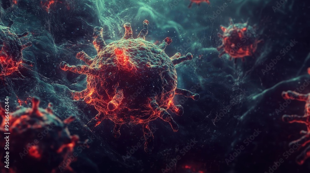 Poster high-resolution image of a virus in intricate detail, showcasing its structure and surrounding envir