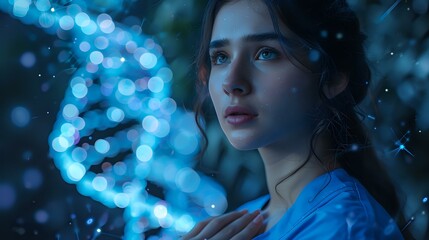 A thoughtful scientist stands confidently beside a glowing DNA strand, surrounded by blue biotechnological imagery. This image is ideal for themes related to genetics, science, and innovation.