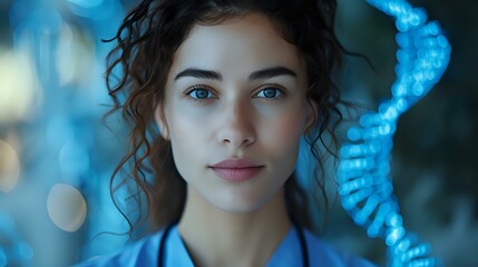 A thoughtful scientist stands confidently beside a glowing DNA strand, surrounded by blue biotechnological imagery. This image is ideal for themes related to genetics, science, and innovation.