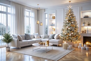 Modern white living room with christmas tree