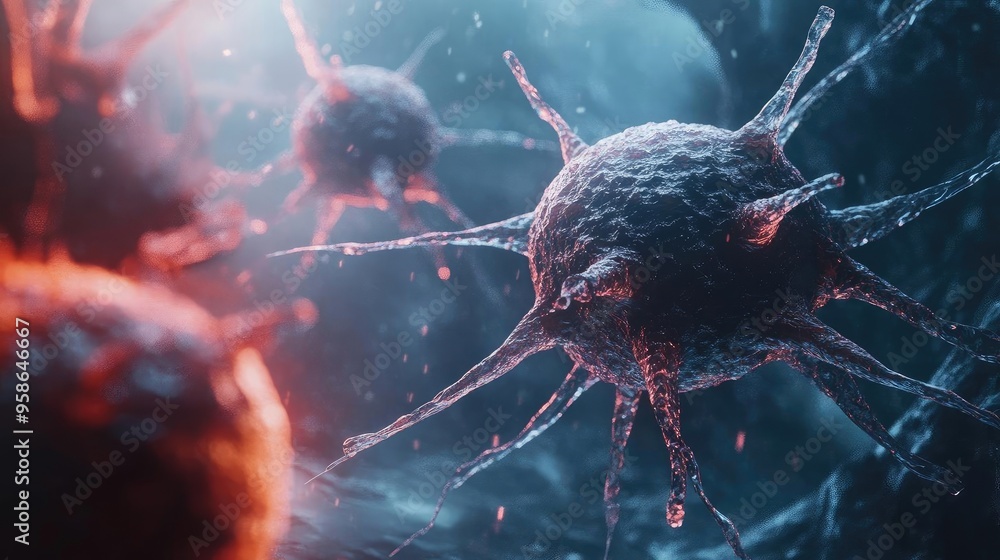 Poster a close-up view of viruses, showcasing intricate details and textures in a colorful microscopic envi