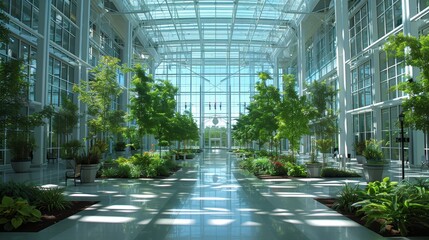 A beautiful, modern glass atrium filled with lush greenery and trees in an eco-friendly corporate office building showcasing sustainable architecture