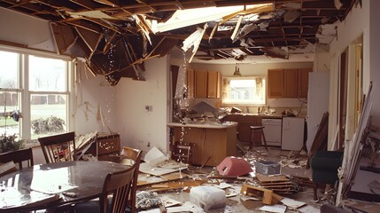 Devastating Storm Damages Interior of Abandoned House as Ceiling Collapses and Water Pours In