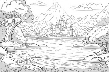 Obraz premium A whimsical black and white landscape featuring a castle, mountains, and a serene river, inviting creativity and imagination.