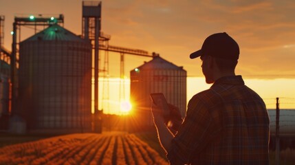 Farmer using smartphone to monitor grain storage facility.