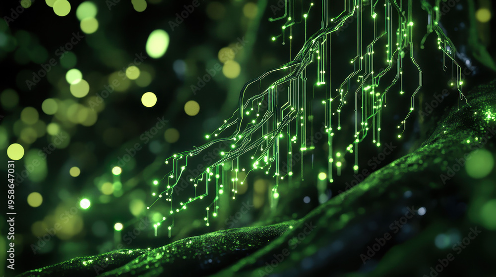 Poster futuristic representation of glowing green circuit patterns resembling tree roots, set against a blu