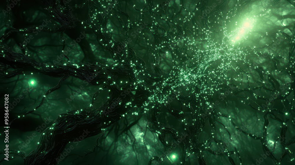 Aufkleber abstract view of glowing green neural-like structures in a dark, immersive environment creating a my