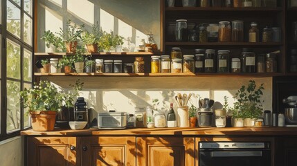 Kitchen Interior with Sunlight  Wooden Cabinets  Plants  and Jars