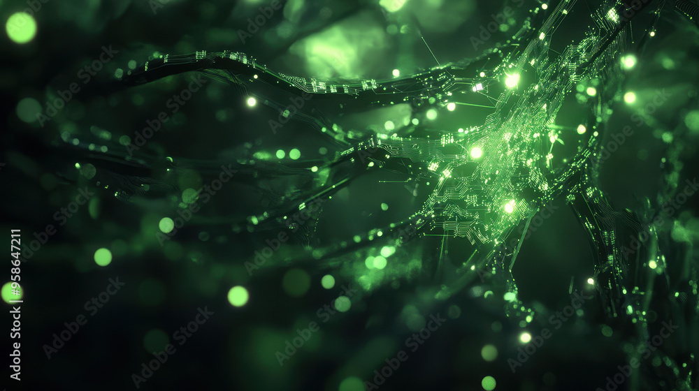 Poster abstract close-up view of glowing green circuit patterns resembling neural networks, evoking technol