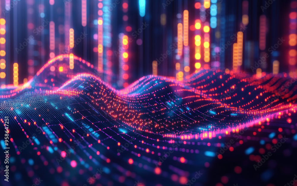 Poster abstract digital data wave with vibrant neon lights in futuristic cyberspace. high-tech concept show