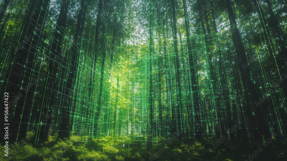 Aufkleber enchanted forest illuminated by green digital patterns, vibrant sunlight filtering through tall tree