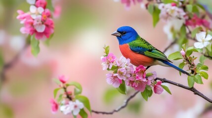 Vibrant Blue Bird Perched on a Branch with Pink Blossoms