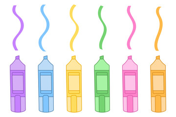 colorful highlighter pen set, markers on white background, back to school, school, office supplies, drawing, violet, blue, yellow, green, pink, orange, vector illustration