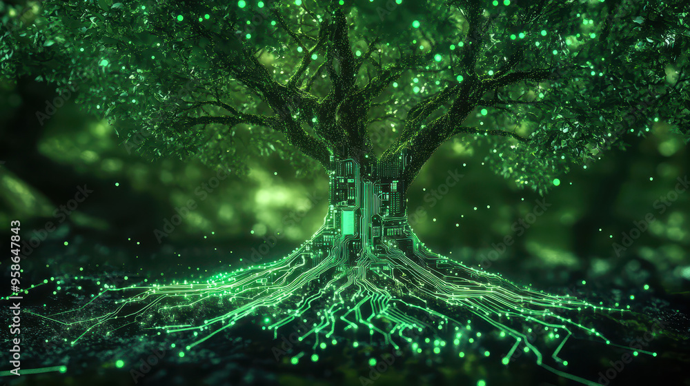 Poster futuristic tree with glowing green circuitry roots, merging nature and technology in an enchanting f