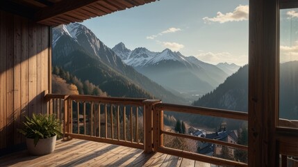 balcony in a wooden house overlooking the mountain