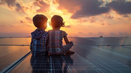 Two young siblings sitting on roof with solar panels, looking at each other. Rooftop solar or photovoltaic system.