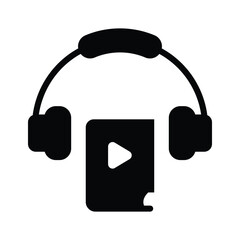Video play button on book with headphones, icon of video lesson
