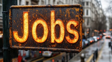 A weathered, rusted street sign displaying the word 'Jobs' brightly illuminated in a busy, blurred city street background, suggesting recruitment