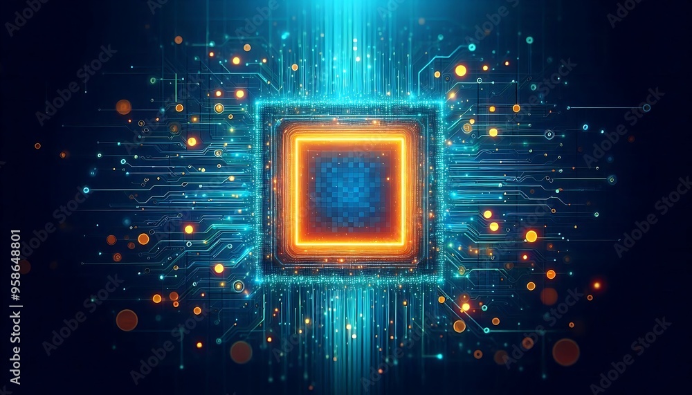 Poster a computer chip with a blue background and orange square in the middle