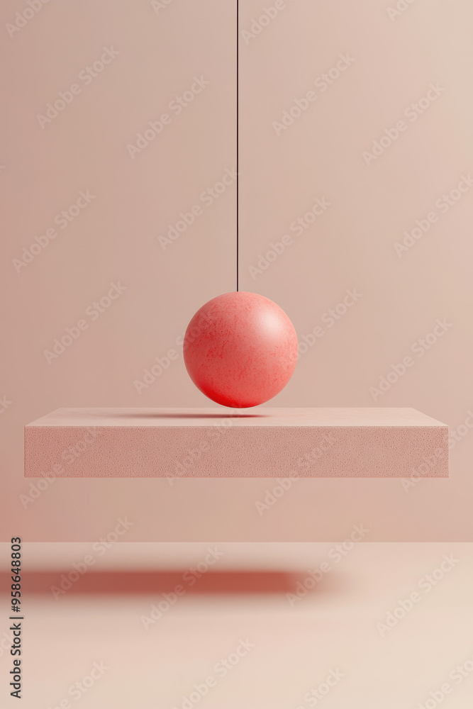 Poster abstract minimalist composition with a red sphere suspended above a floating rectangular platform, a