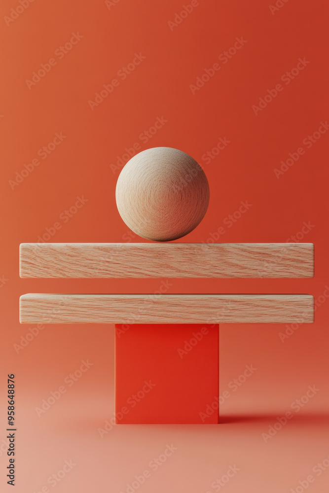 Poster minimalist geometric shapes create a visually striking composition with wood and vibrant orange colo