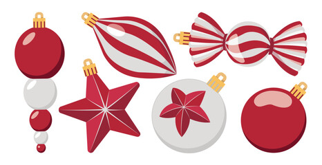 Set of Christmas tree decorations of different shapes. Red and white Christmas tree decorations. Balls, stars, candies, icicles. Striped design. Isolated on white background vector illustration.