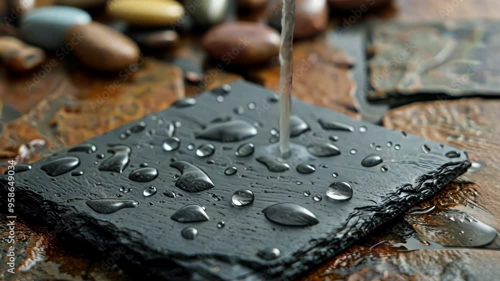 Poster water droplets glisten on slate board placed over textured background in serene setting