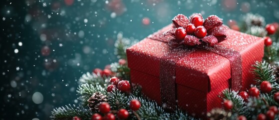 Christmas gift box with surrounding snowflakes, clean and minimal design.